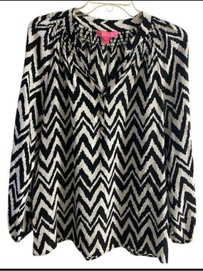 Lilly Pulitzer Black and White Zigzag Button-Front Peasant Blouse Small